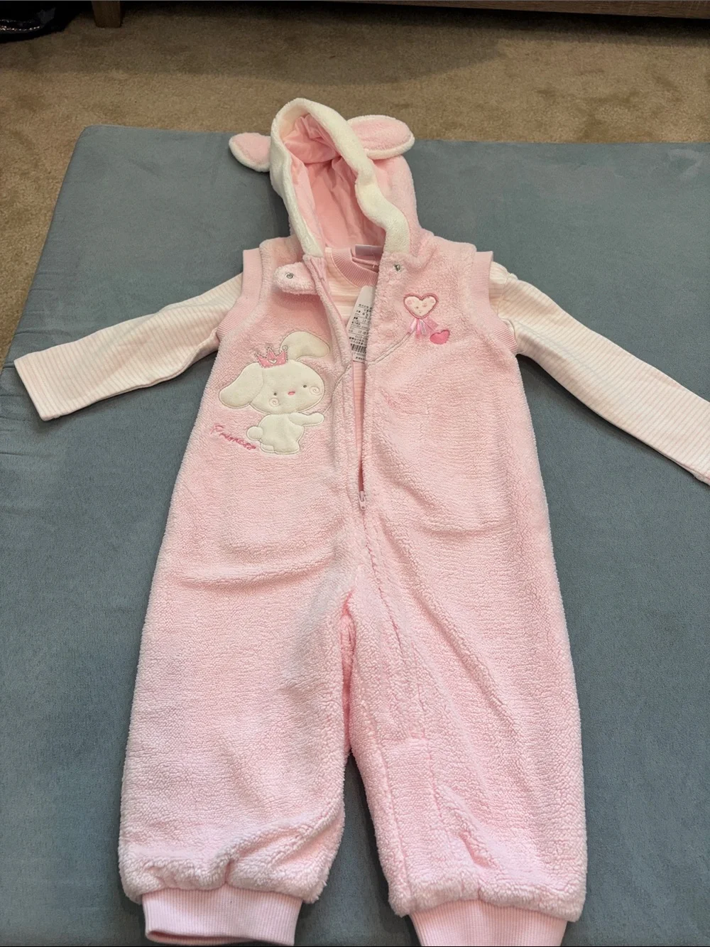 Pink Fleece Bunny Hooded Jumpsuit with Long sleeve 12 months